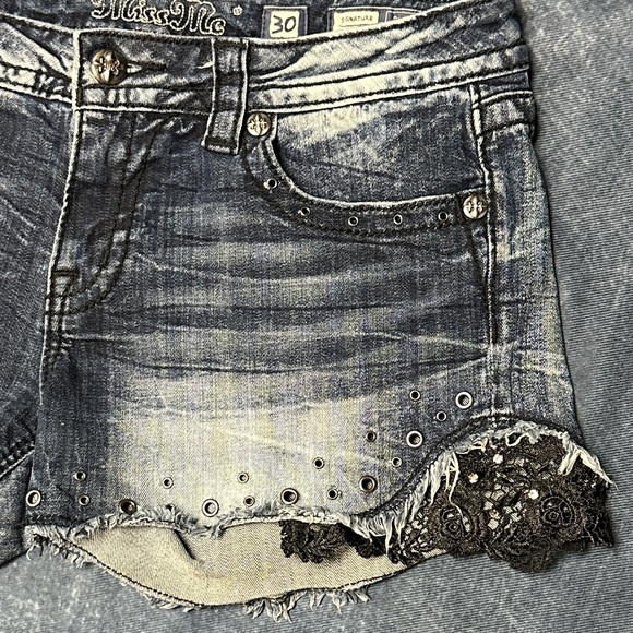 Miss Me Women's Blue Jean Denim Shorts with Black Lace and Bling 30 - Picture 4 of 15